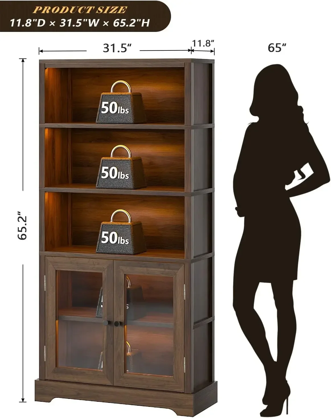Tall 65 Inch 5 Tier Bookshelf Multi Color Ambient Light App Remote Control Display Shelf Cabinet Doors Suitable Living Room Bedr