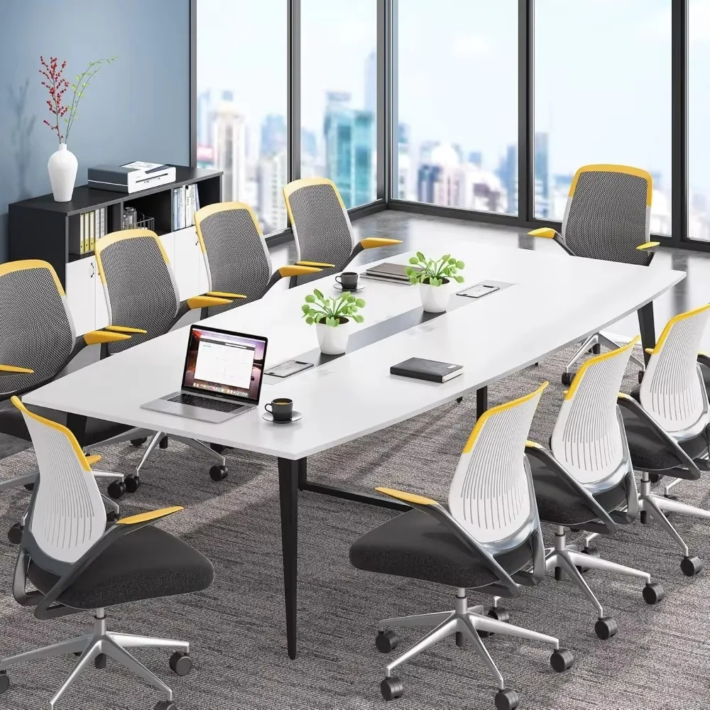 Conference Table,Boat Shaped Meeting Table with Rectangle Grommet,for Office Conference Room Walnut & Black,Conference Tables