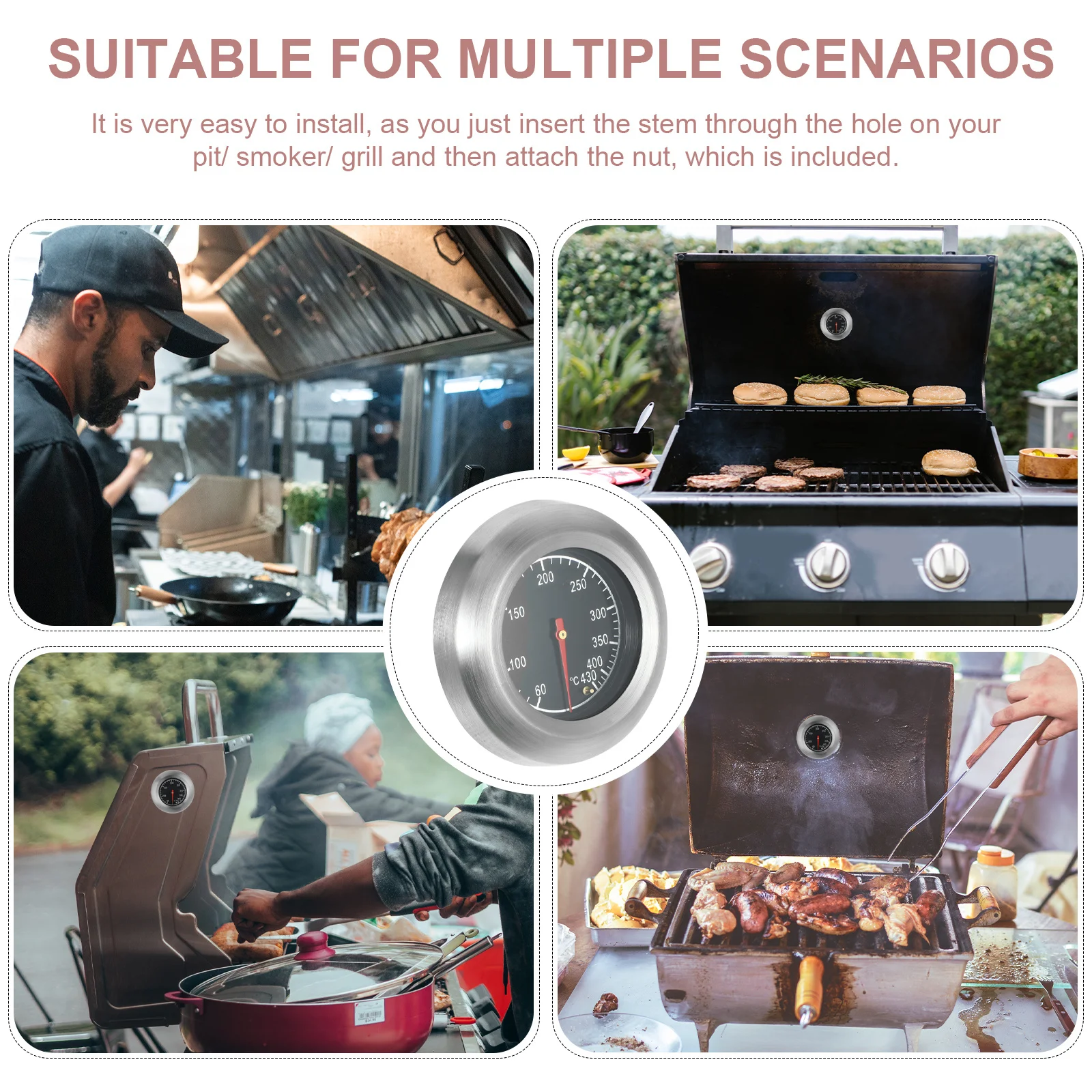 

Bbq Thermometer 7.6Cm Stainless Steel Oval Temp Gauge For Grill Smoker Oven 60-430℃ 100-800℉ Cooking Temperature