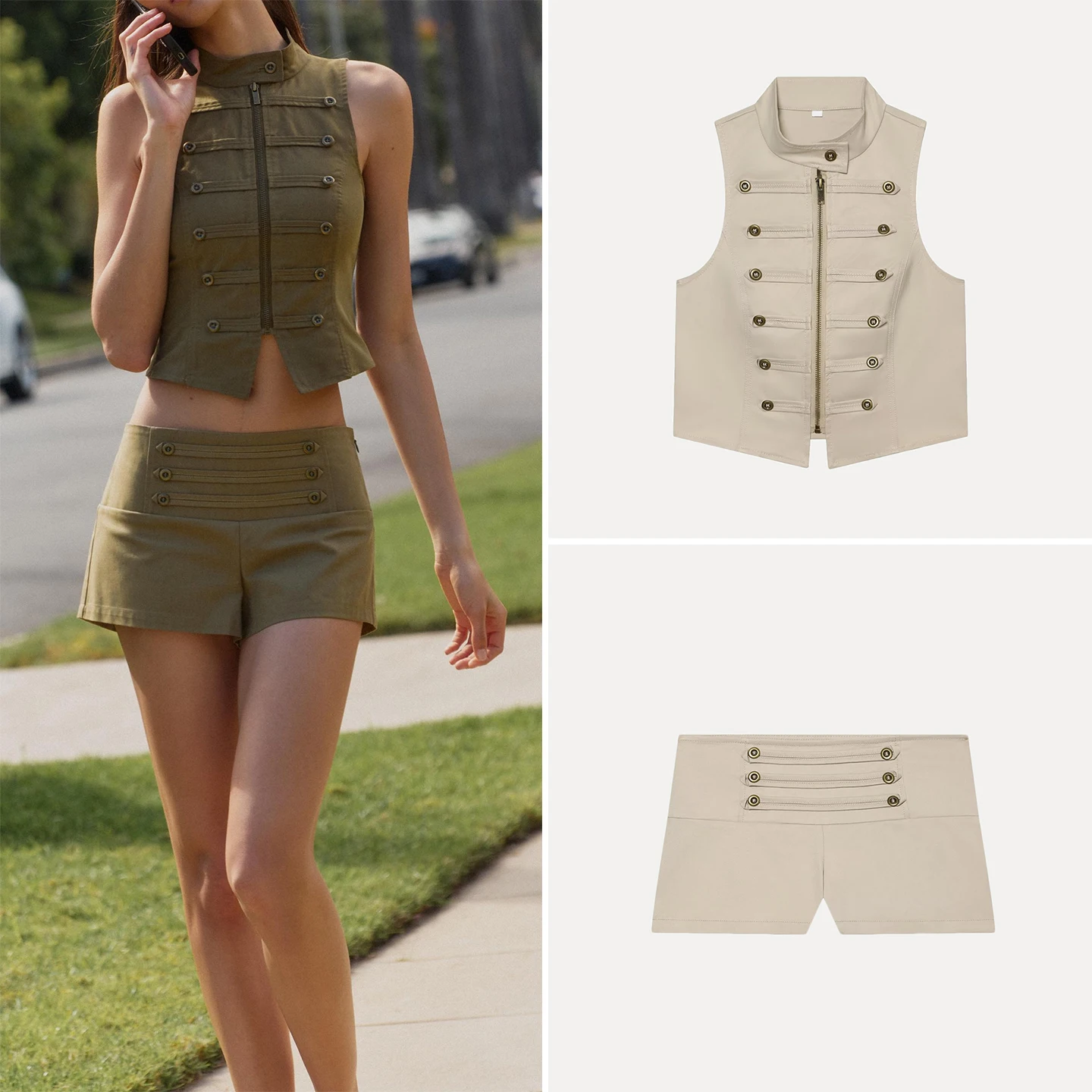 Women's Fashion Summer Outfit 2026 Sleeveless Stand Collar Zipper Button Decorated Vest And Shorts Two-Piece Set ZADATA Brand