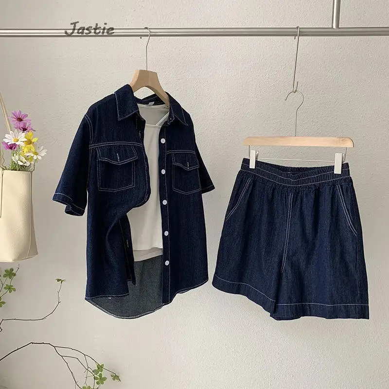 Retro Revers Denim Shirt 2 Stuks Set Outfit Losse Denim Shirt Met Korte Mouwen Hoge Taille Wijde Pijpen Casual Shorts Tweedelige Set Dames