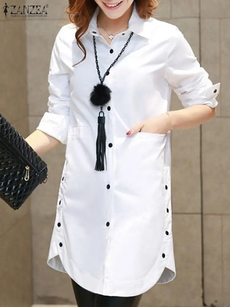 ZANZEA Women Spring Long Shirt Spring Office Work Blouse Lapel Neck Long Sleeve Blusas Elegant Buttons Down Tunic Tops Chemise