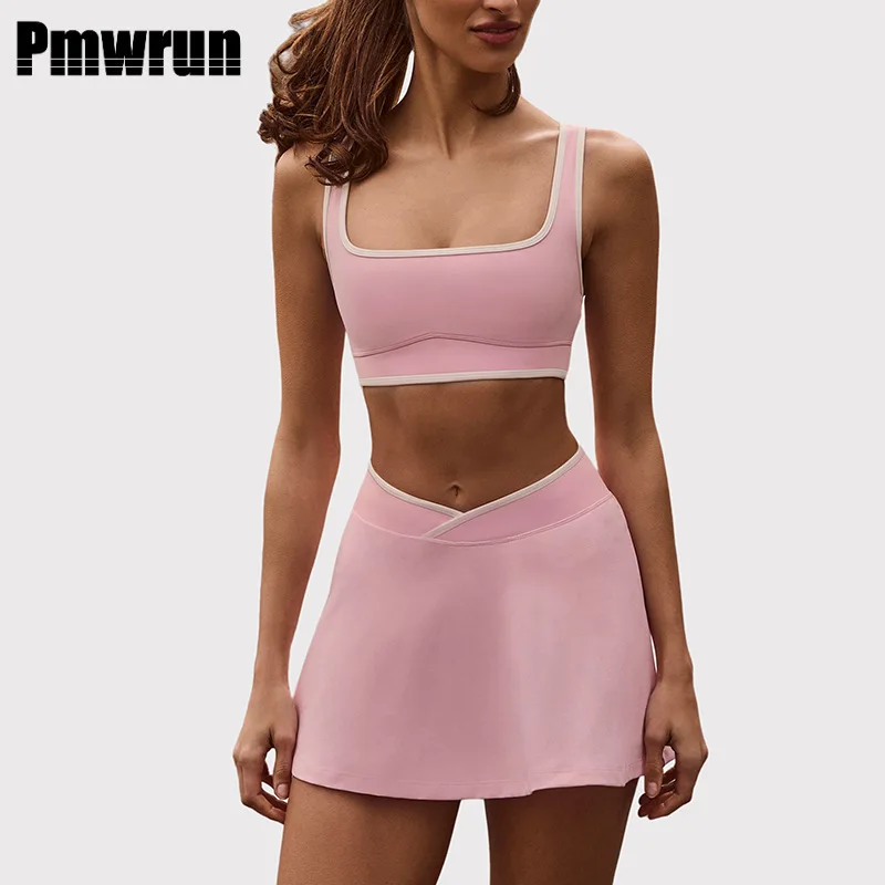 

PMWRUN 2 Piece Yoga Set For Women Square Neck Bra Skirt With Contrast Trim Soft Stretchy For Gym Yoga Pilates Dance Workout Wear