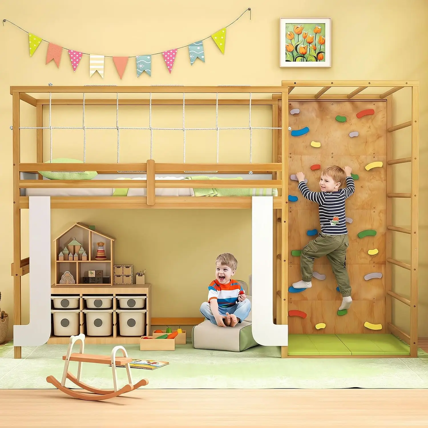 Twin Bunk Bed with Jungle Gym, 4-in-1 Wooden Loft Bed with Climbing Ladder, Rock Wall & Monkey Bar, Montessori, Customized