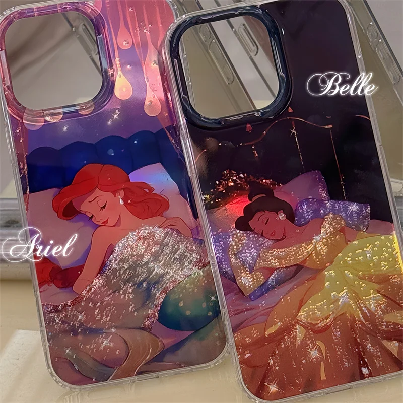 Luxury LaserDisney Cute Cartoon Sleeping Beauty Princess Elsa Mermaid Cinderella Phone Case For iPhone 13 14 15 16Pro Max Cover