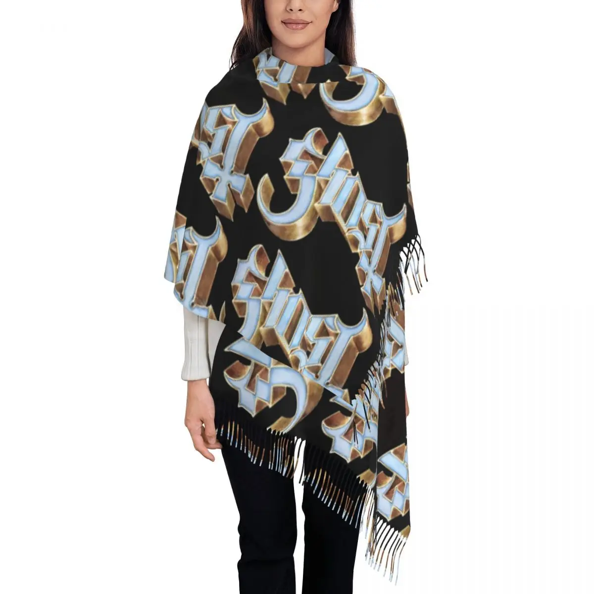 Women Scarf Warm Soft Metal Rock Band Ghost Scarves Wraps with Tassel Shawls and Wrap Winter Bufanda Mujer Halloween