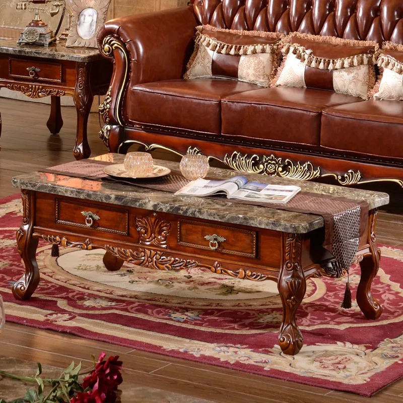 European solid wood long coffee table, American solid wood, marble coffee table