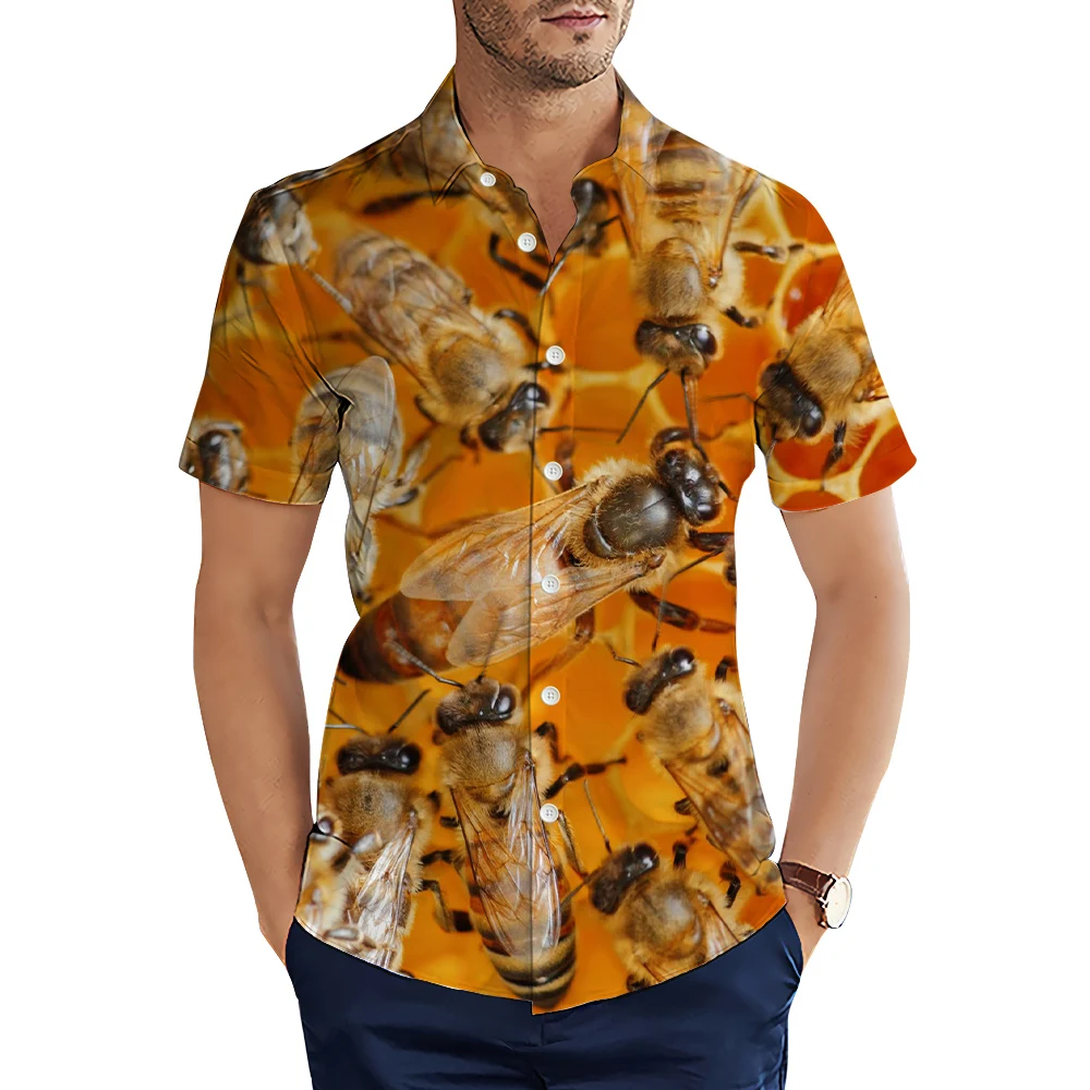 

CLOOCL Men Shirts 3D Graphics Bee Honey Printed Blouse Summer Short Sleeve Lapel Male Hawaiian Shirts Fashion Cozy Tops