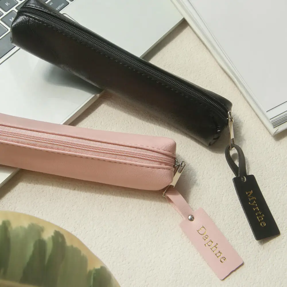 Custom Name Tag Mini Pu Pencil Case Slim Zipper Pen Bag Portable Stationery Storage Pouch Personalized Makeup Brush Storage Bag