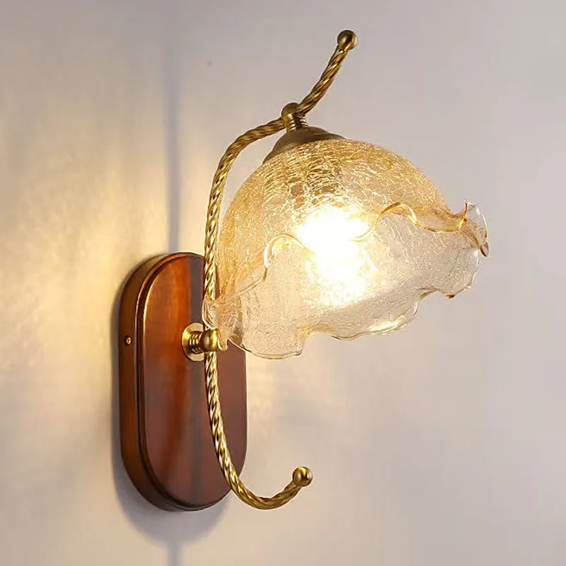 Nordic Crack Glass Flower Wall Lamp Simple Style Retro Living Room Corridor Aisle Japanese Solid Wood Bedroom Bedside Lighting