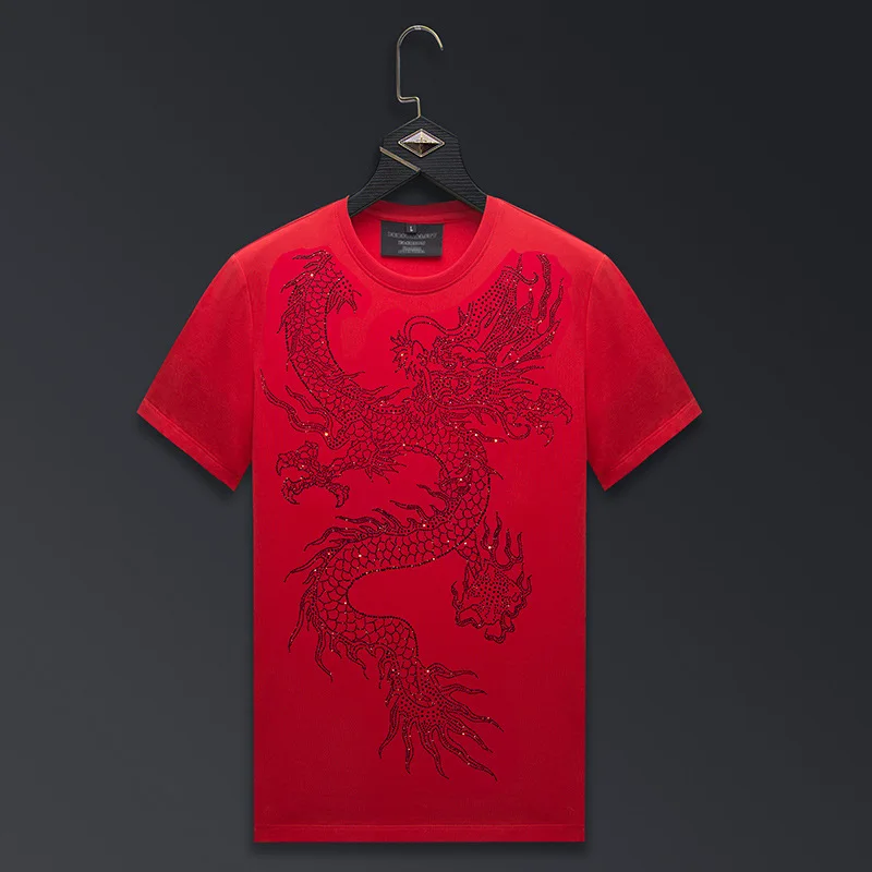 Chinese Dragon Rhinestones T Shirts Men Summer Clothes Fashion Streetwear O Neck Short Sleeve Thin Cool Elastic Cotton T-shirts