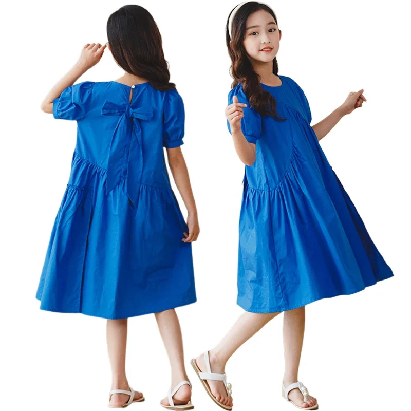 

Girls Summer New Dress Cotton Bow Short-Sleeved Casual Clothing Teenager Blue Korean Children Skirt 6 8 10 12 14 16 Year