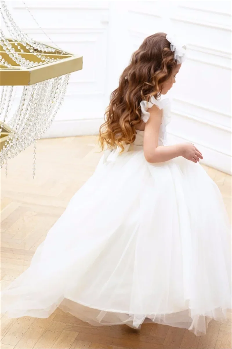 Elegante abito da ragazza di fiori bianco senza maniche soffice tulle pizzo principessa ballo spettacolo di bellezza prima comunione abiti di compleanno per bambini