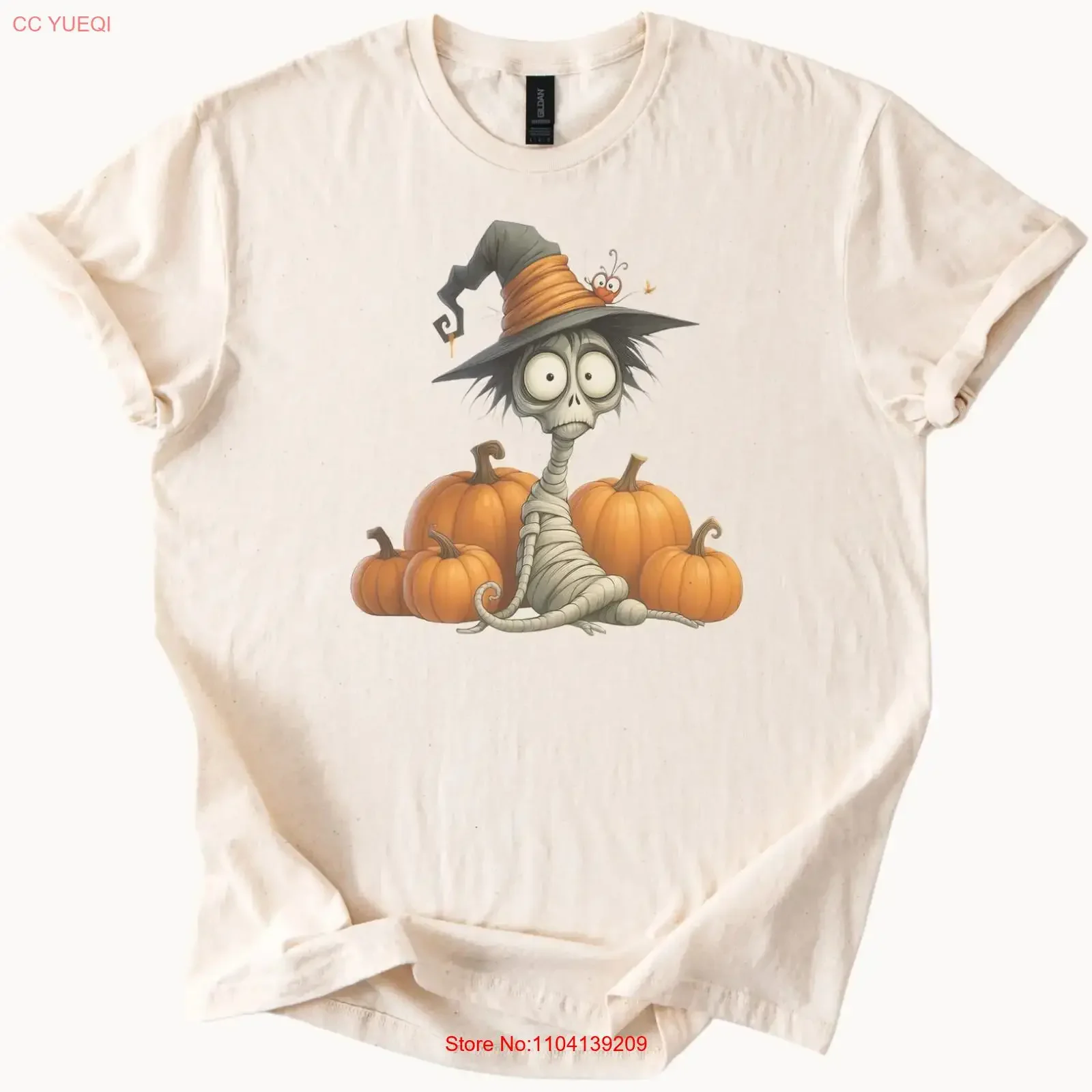 Halloween Mummy Cat in Witch Hat with Pumpkins Cute Fall T Shirt vintage Washed streetwear Unisex Stylish Soft homme
