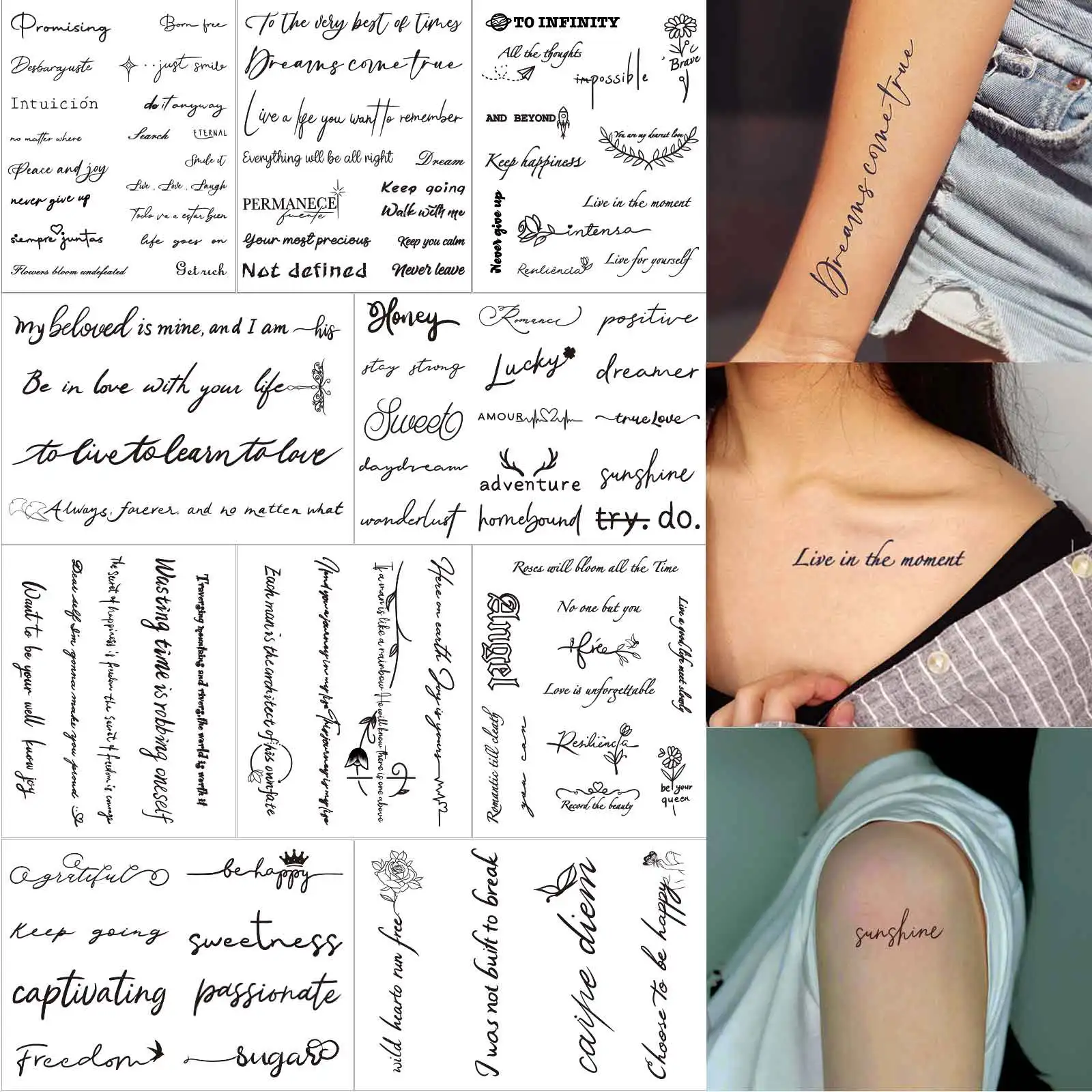 10pcs/set 2025 New Simple Fashion English Letter Temporary Tattoo Stickers for Women Men Hand Body Art Sketch Flower Fake Tattoo