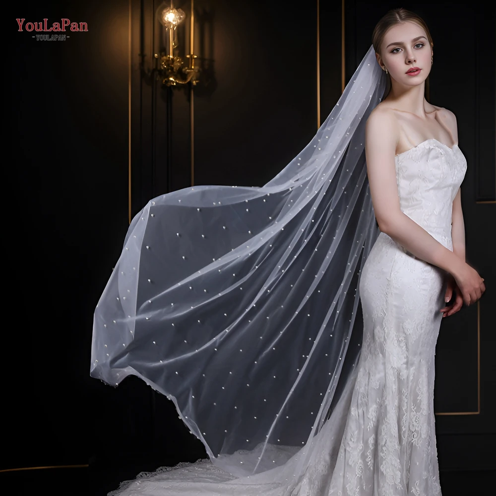 YouLaPan V05 Bridal Veil with Comb Ivory White Wedding Veil  Pearls Veil 1 Tier Wedding Veil for Women Cathedral Bridal Veil