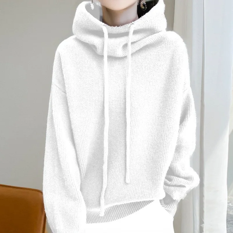 Autumn Winter Knitted Hoodies Pullovers Sweater Women Long Sleeve Sweatshirts Top Drawstring Knitwear Tops Office Lady Sweater 6