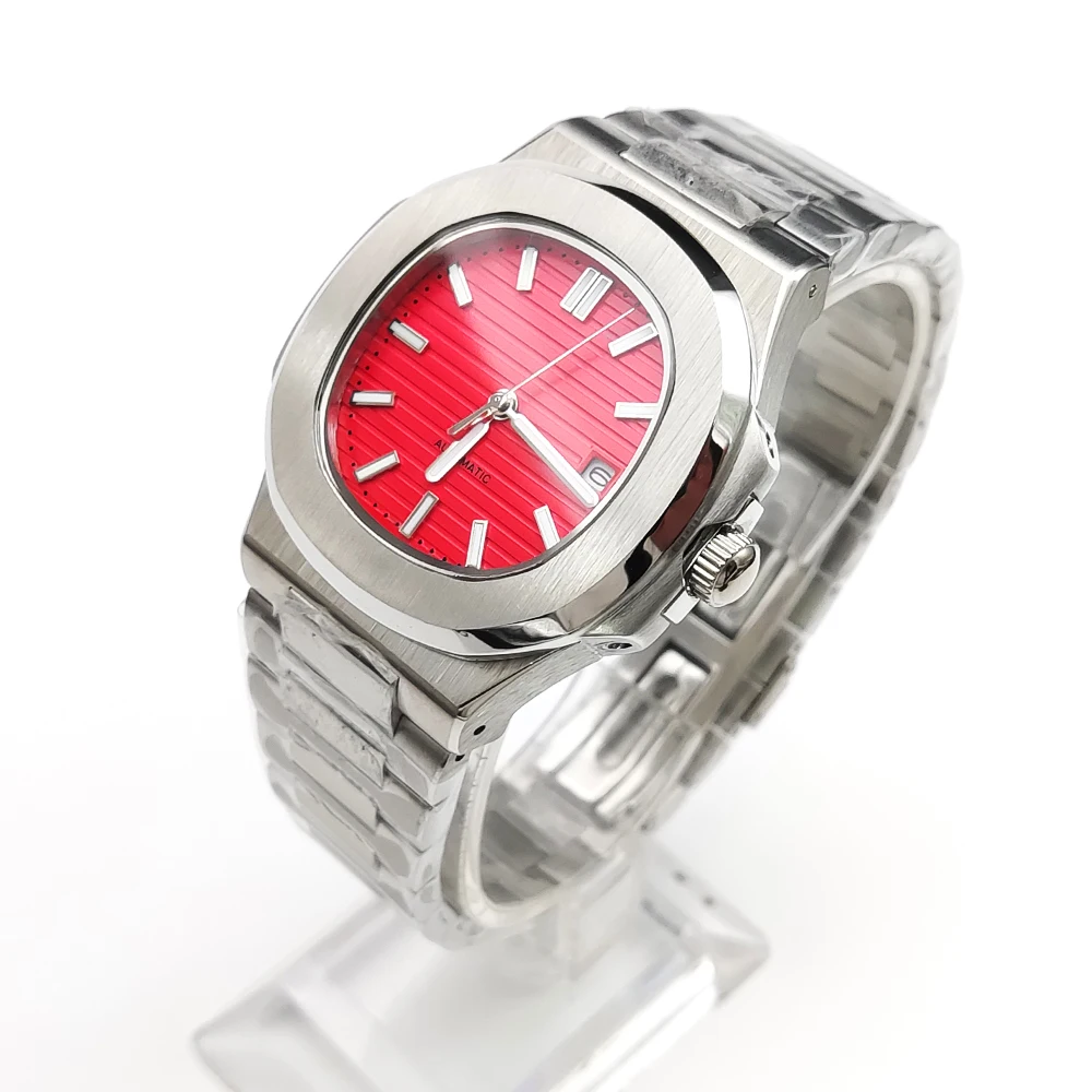 40mm Red Square Mechanical Automatic Men\'s Watch Japan Movement NH35/8215 Date Sapphire Glass Stainless Steel Strap