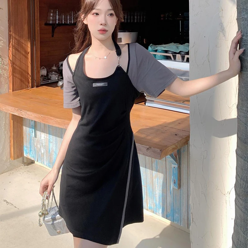 Fashion Clash Color Fake Two-Piece Dress Women Stylish Halter Waist Tight Short Sleeve Vestidos New Basic Versatile A-Line Dress