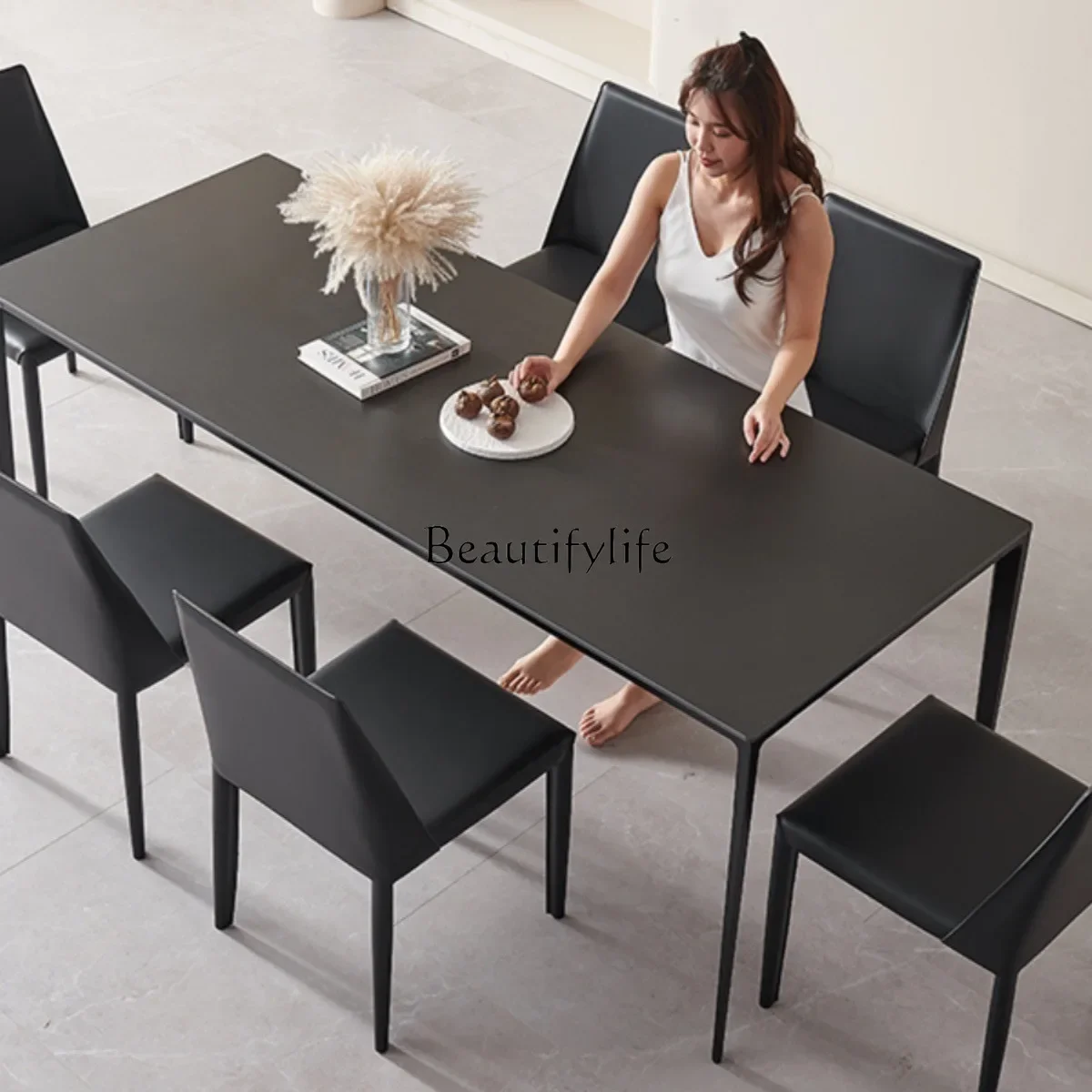 NNPure Black Rock Slab Dining Table Italian Minimalist Light Luxury Nordic Aluminum Alloy Rectangle