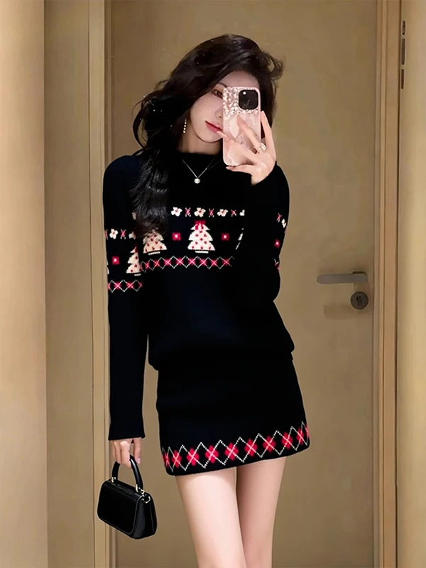 

Корейский стиль: Зимний модный комплект — черный вязаный свитер с узором Fair Isle и юбка, женская одежда из двух предметов, повседневный образ