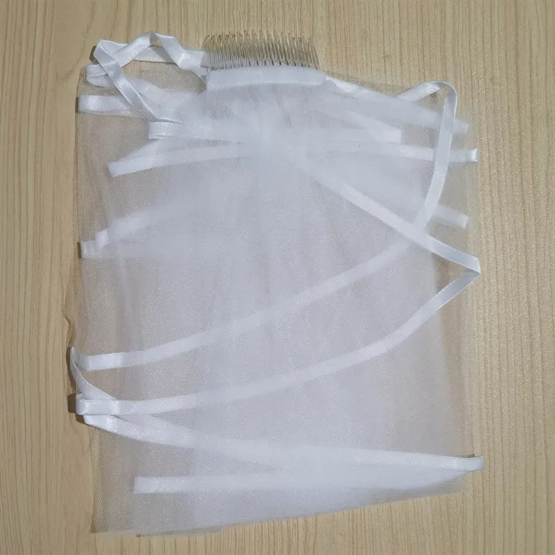 Tulle White Ivory Two Layers Ribbon Edge Comb Cheap Wedding Accessories Short Bridal Veil ウェディングベール