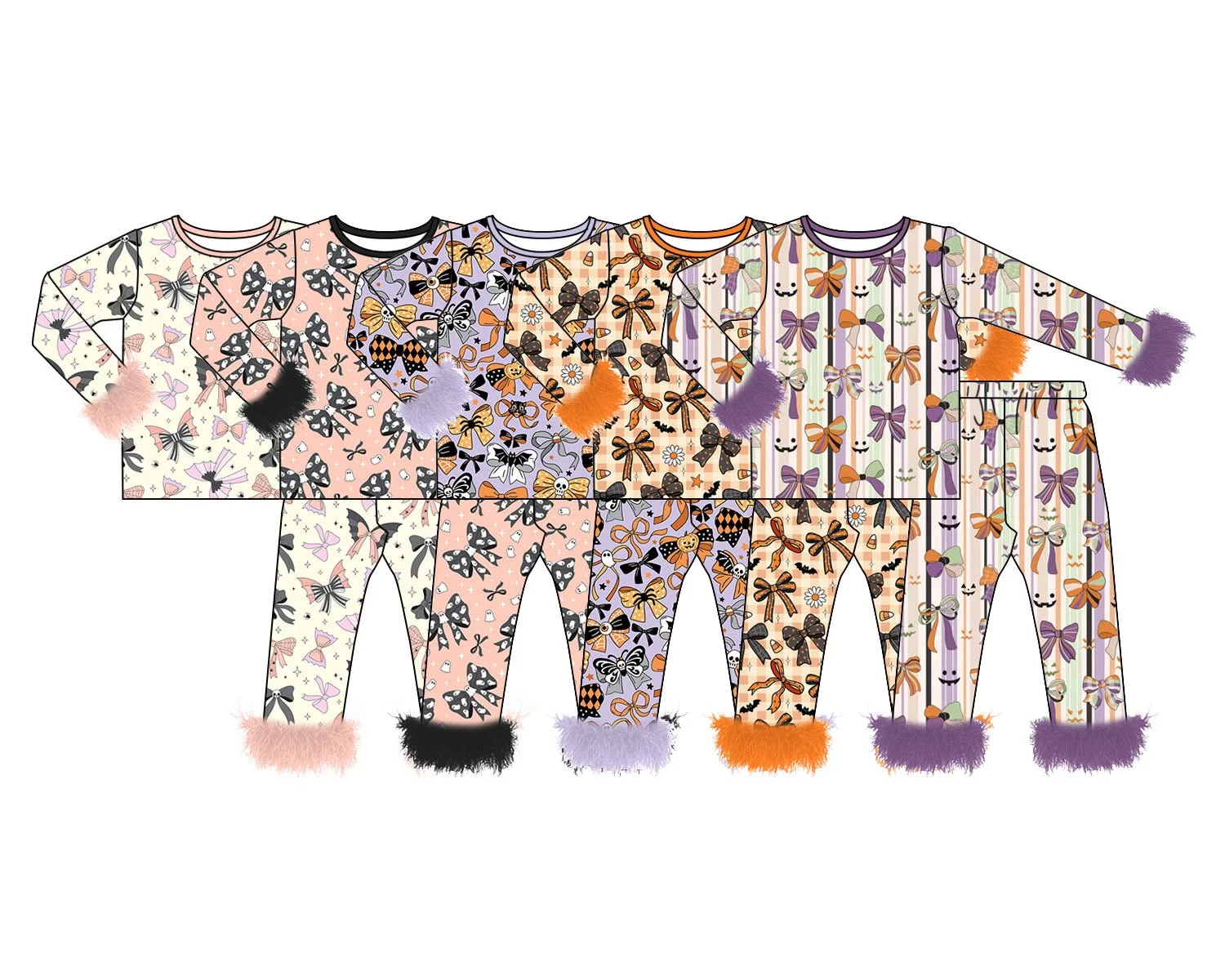 Fall Little Girl Boutique Halloween Outfit Long Sleeve Girls Ghost Bow Pajama Sets With Baby Sleeper