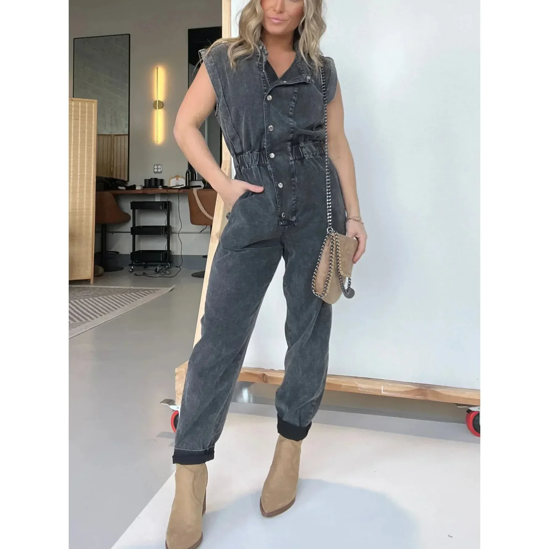 

Women Jumpsuits Single Breasted Sleeveless Rompers One Piece Slim Button Solid Pencil Pants Pockets Spliced High Street