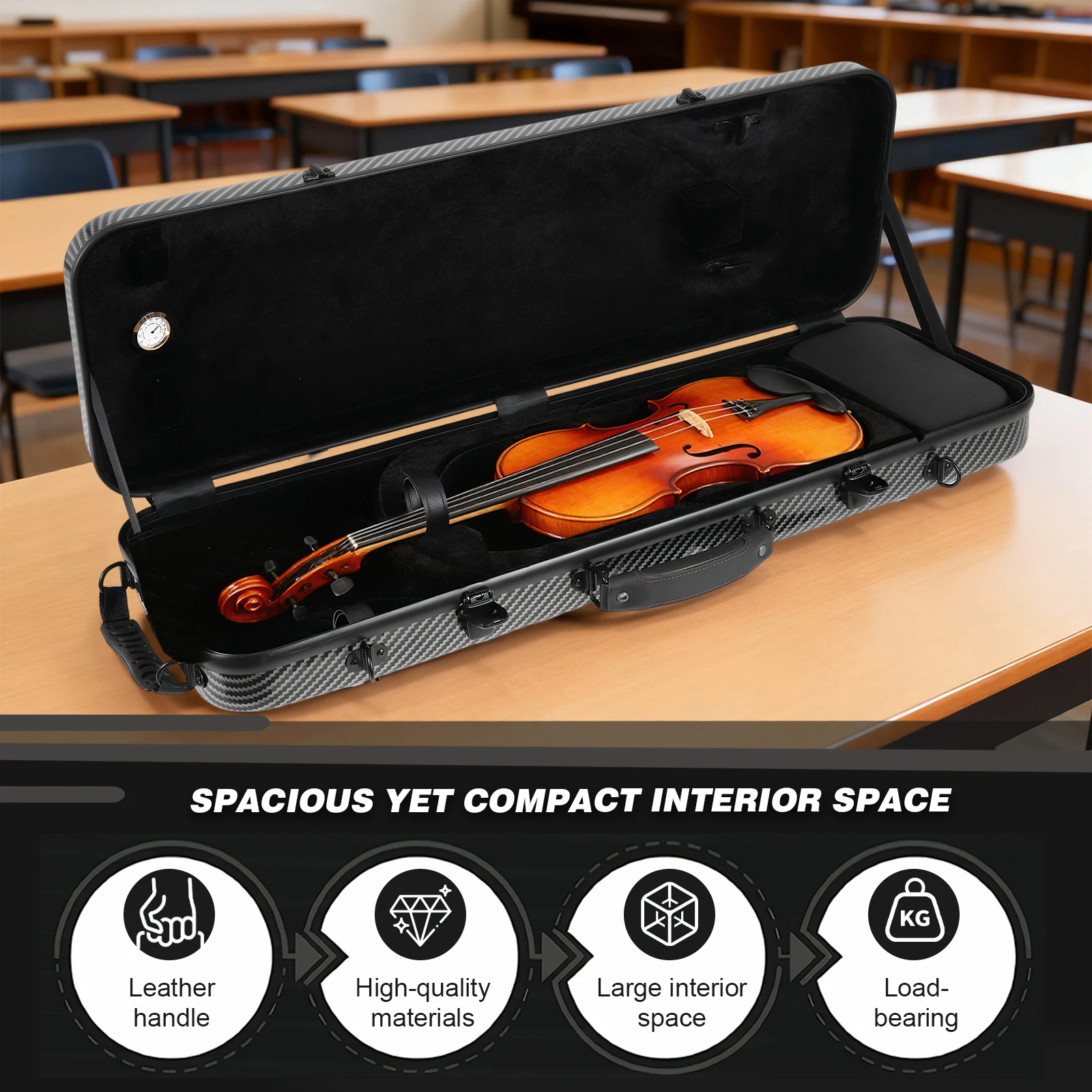 Étui pour violon oblong en composite de carbone avec bretelles, étui pour violon portable, boîte de protection pour violon de forme oblongue pour un usage quotidien