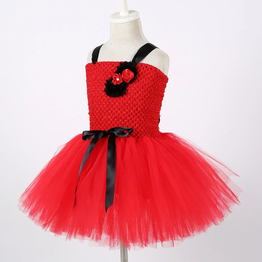 Demon Devil Costume for Girls Halloween Red Tulle Tutu Dress Toddler Kids Carnival Party Fancy Dress Up Clothes with Horns Set