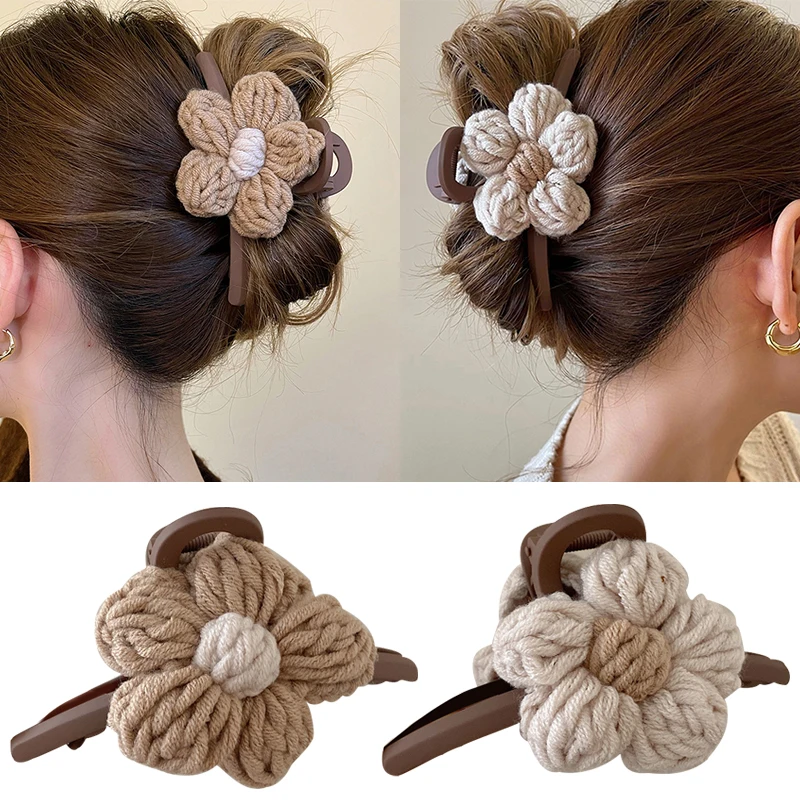 Gentle Knitting Wool Flower Large Hair Claw Crab Hair Clips Women Big Catch Clip Crochet Barrettes Headdress Hair Accessories