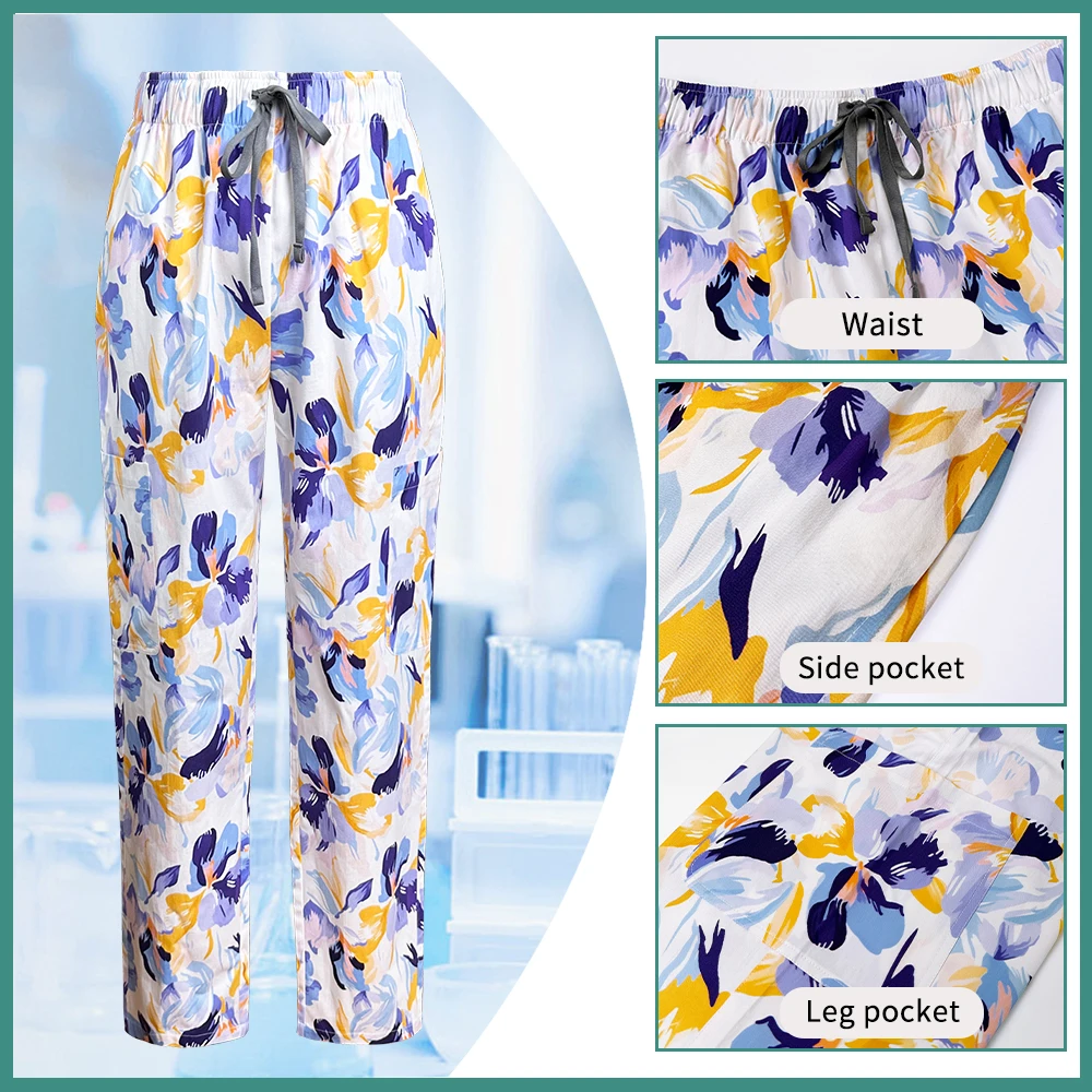 プリント手術服女性男性ポケットスクラブトップ + パンツ医療ナース制服美容サロン作業服小児科臨床スーツ