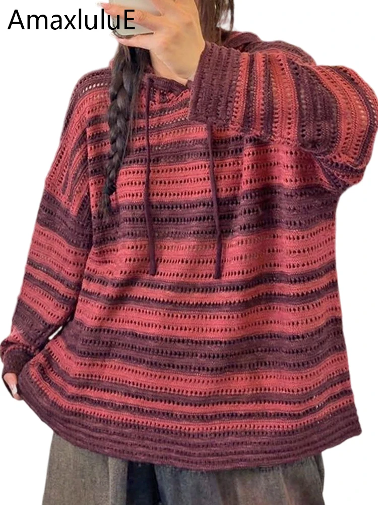 

Amax LuluE 2025 Autumn Korean Womens Fashion Hooded Loose Sweaters Ladies Casual Knitted Pullover Classic Oversized Warm Jumpers