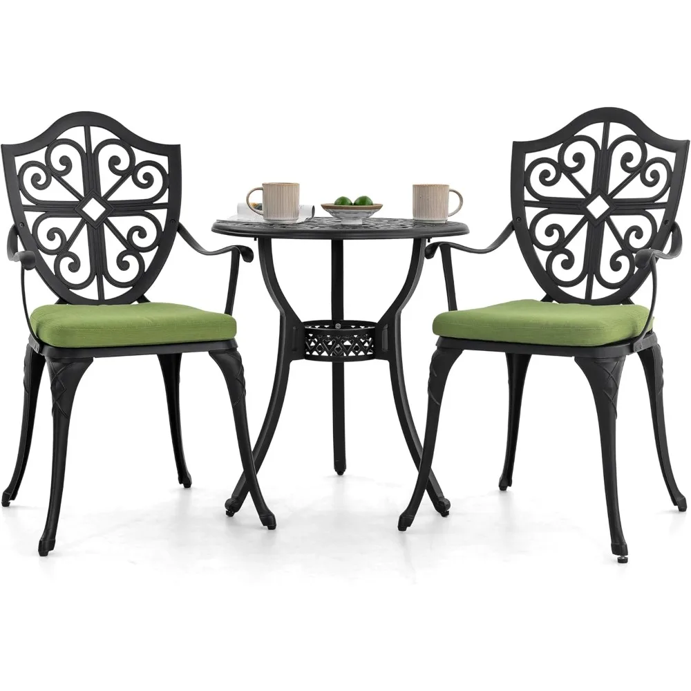 Set 3 Piece Outdoor, Cast Aluminum Patio Bistro Sets with Umbrella Hole and Green Cushions, Bistro Table and Chairs Set of 2