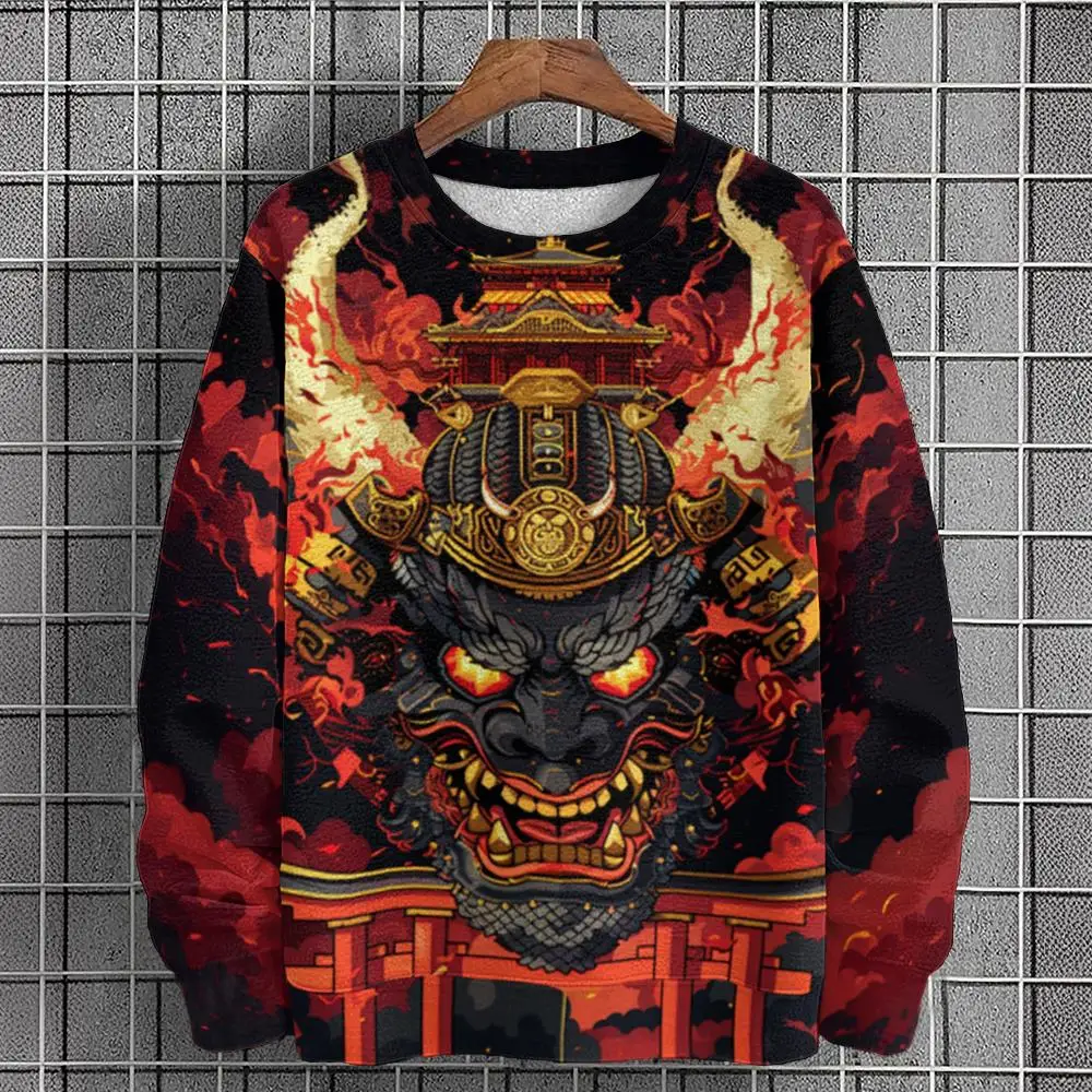 Moda vintage moletom masculino máscara de guerreiro impressão 3d manga longa camiseta outono hoodies roupas masculinas oversized moletom com capuz pul