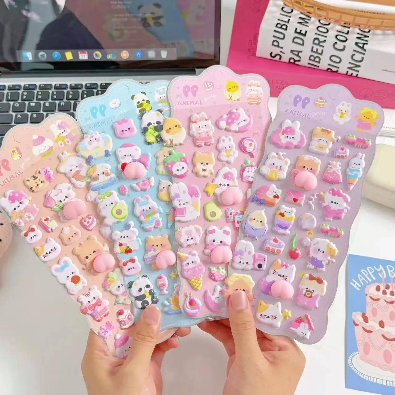JCAC 4-Design Assortment 3D Embossed Squishy Butt Stickers, Cute Cartoon Animals, for DIY Journal Decoration and Stress Relief