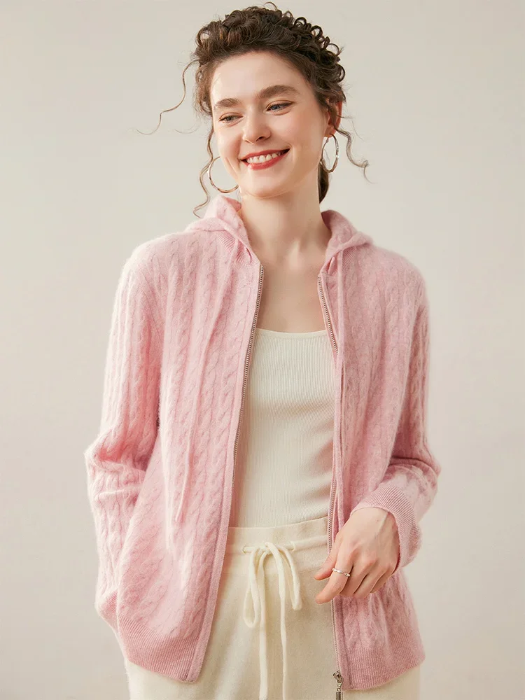 Chic Twisted Knit Sweater 100% Cashmere Cardigan Women's Autumn Winter Luxury Hooded Zipper Casual Loose Coat New Fashion Tops