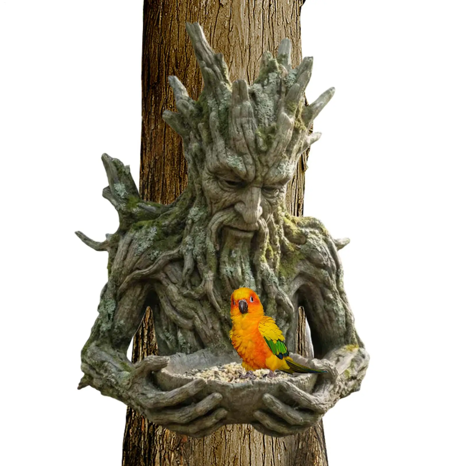 Comedero para Pájaros Montado en Árbol, Resistente a la Intemperie, de Resina Decorativa con Forma de Cara de Árbol, Soporte para Semillas de Pájaros, Decoración Artística para Jardín y Patio Trasero