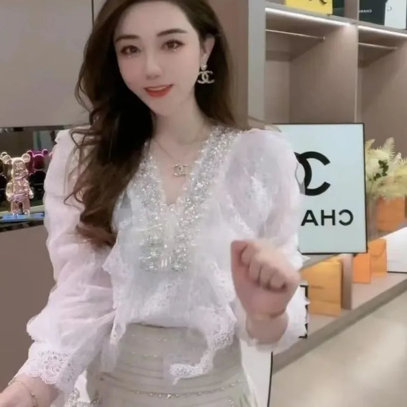 Women Shirt Spring Summer  Heavy Industry Nail Pearl Thin Lace Shirt New Bubble Sleeve V-neck Top