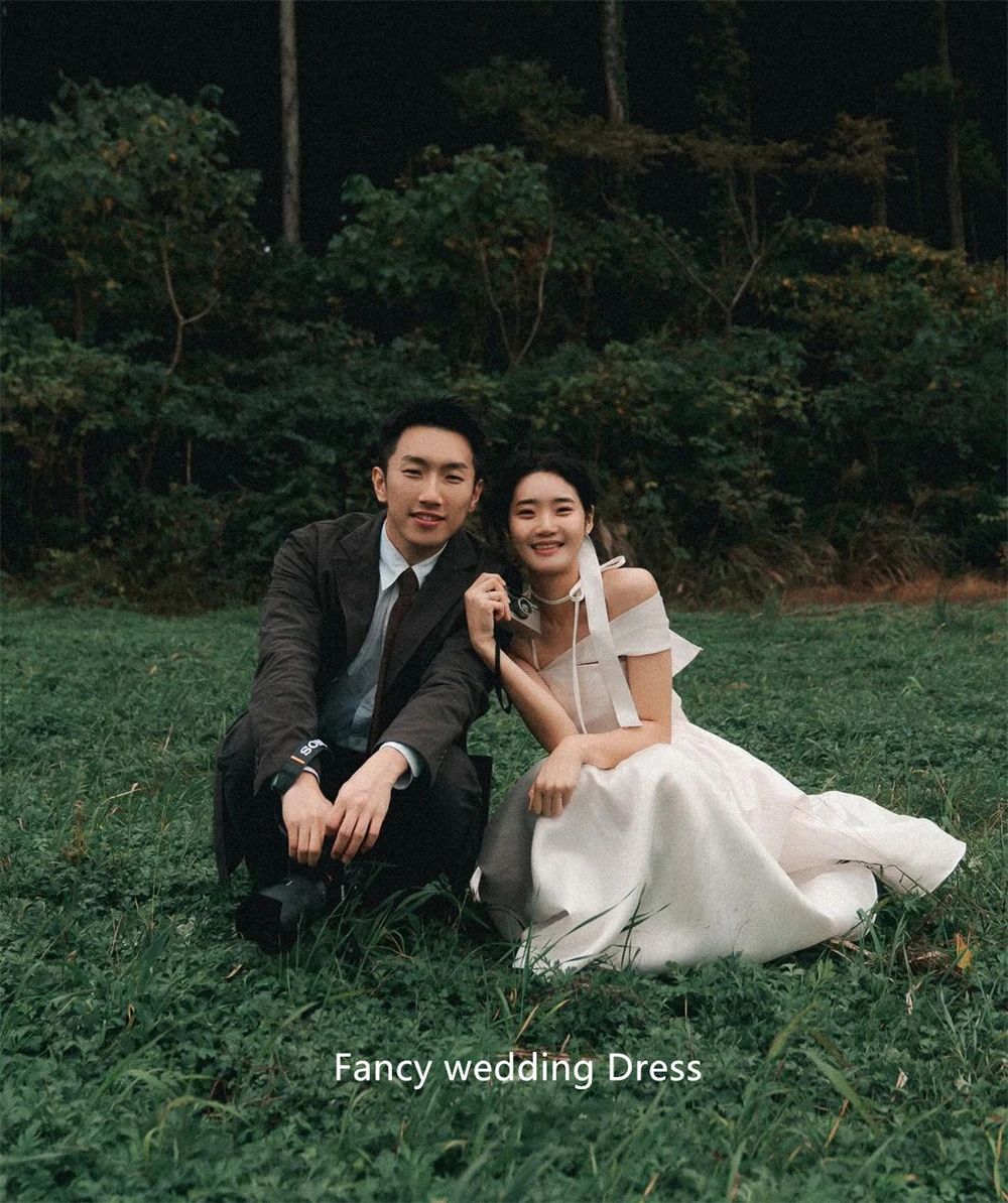 Fancy Korea Simple Taffeta A Line Wedding Dress Photo Shoot Short Sleeve Garden Prom Gown Long Tail 웨딩드레스 customized