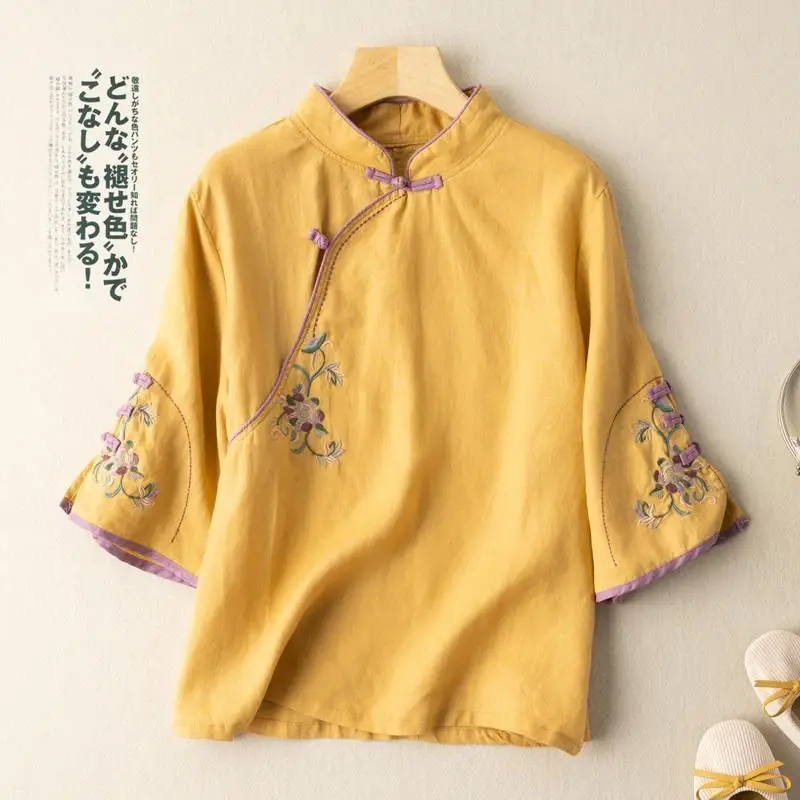 Embroidery Chinese Style Blouses Summer Vintage Women\'s Shirt Loose Cotton Linen Women Tops Short Sleeves Clothing 2024 New