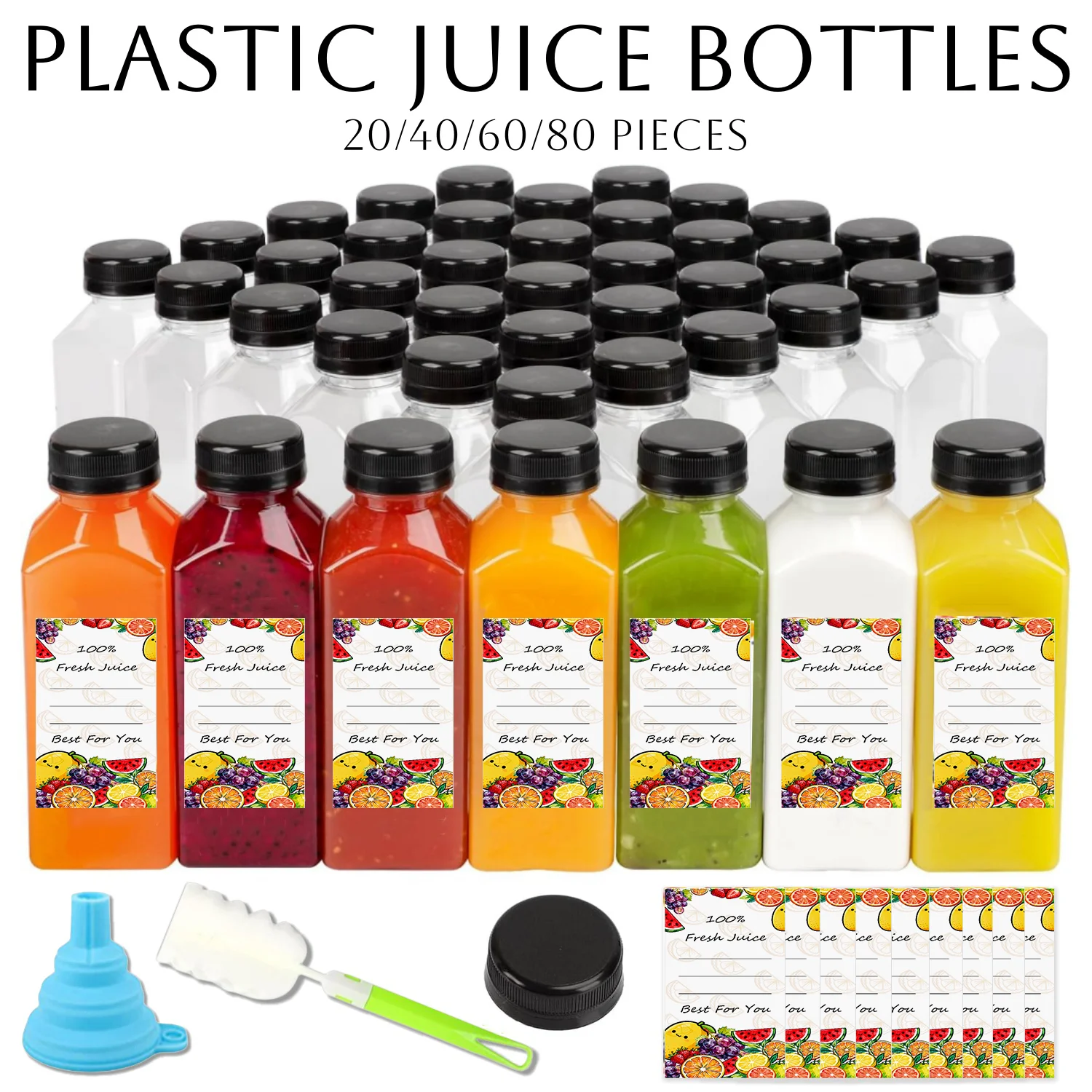 

20-80 шт. пластиковые бутылки для сока, 8/12 унций, многоразовые бутылки для сока с крышками и этикетками, воронкой, кистью, контейнеры для сока, смузи