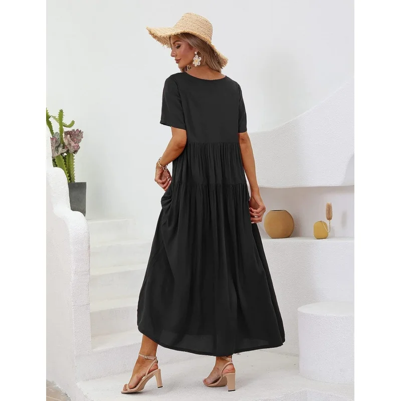 Women Casual Loose Bohemian Floral Dresses with Pockets Short Sleeve Summer Beach Swing Dress