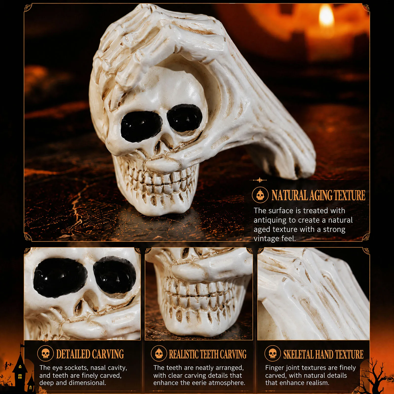 Heart Gesture Skull Head Resin Ornament Vintage White Pumpkin Halloween Decor Spooky Tabletop Home Office Entryway Party Prop