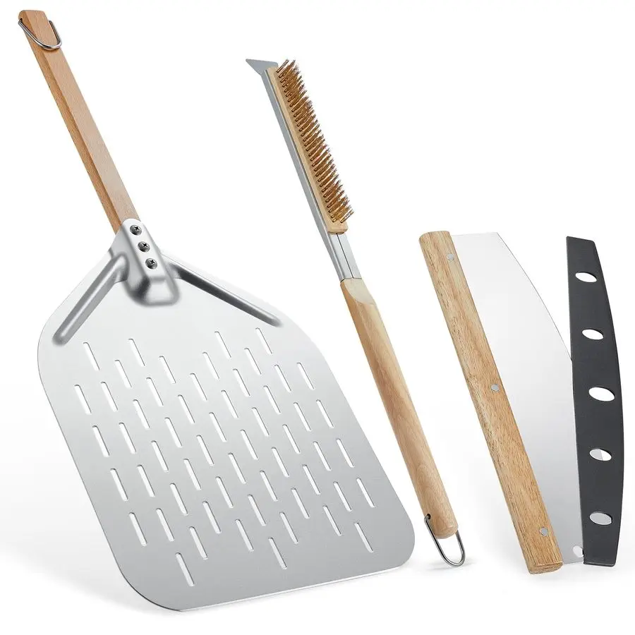 

Peel Aluminum Pizzas Spatula Perforated, Pizza Rocker Cutter and Pizza Oven Brush with Stone Scraper, 3Pcs Pizza Oven Accessorie
