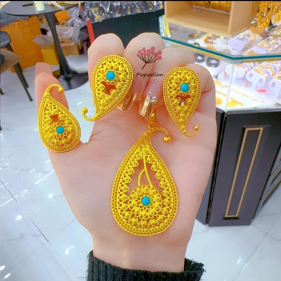 

New Italian 24K Gold Plated Necklace Earrings Rings Wedding Engagement Party Jewelry Set for Lovers DD10707