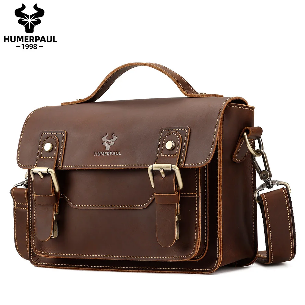 Bolso cruzado de cuero Crazy Horse, bolso de hombro Retro de piel de vaca con capa superior para hombre, bolso cuadrado pequeño con solapa de cuero para ir al trabajo