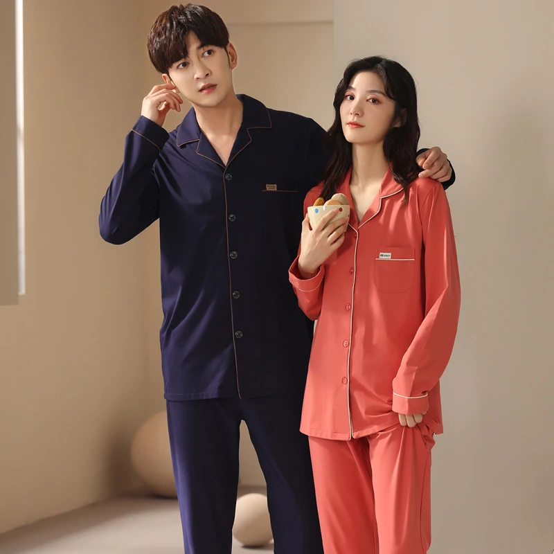 Newest Spring and Autumn Couple Pajama Set Long Sleeve Leisure Men and Women Turn-down Collar Cotton Pyjamas