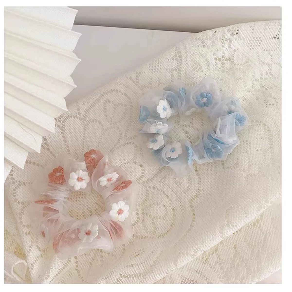 2Pcs Floral Organza Hair Scrunchies for Women, Cute Embroidered Flower Hair Ties, Sheer Hair Accessories for Daily and Sweet Hair Styling view 4