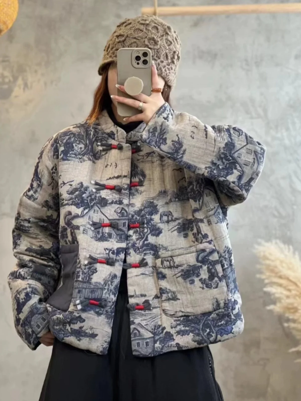 

Retro Printed Cotton Jaet Women's ort Thiened Coat Button Closure Chinese Sle Zen Mind Winter Outerwear